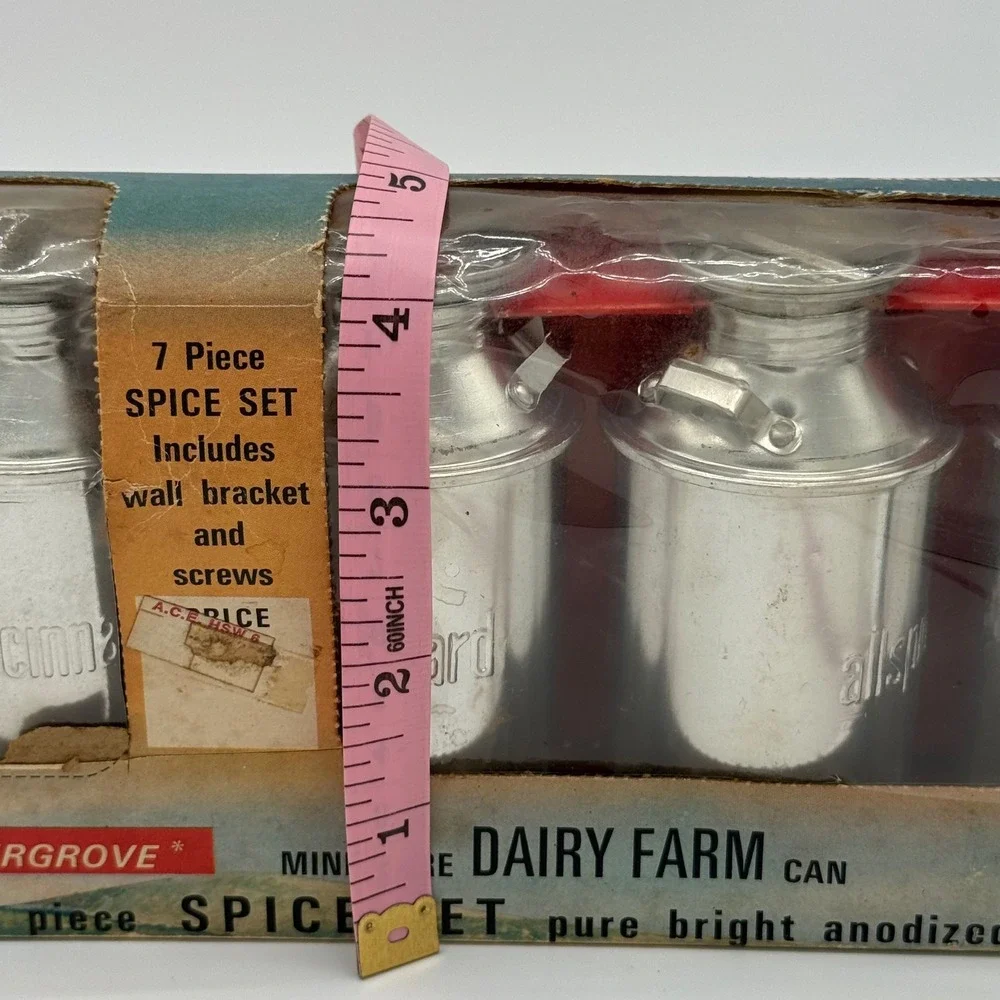 Vintage Fairgrove Miniature Dairy Farm Milk Can Aluminum Spice Shaker Set Boxed